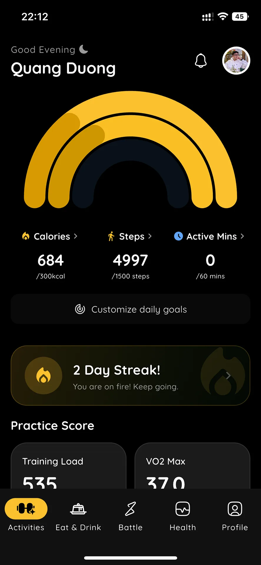 Activities dashboard screen