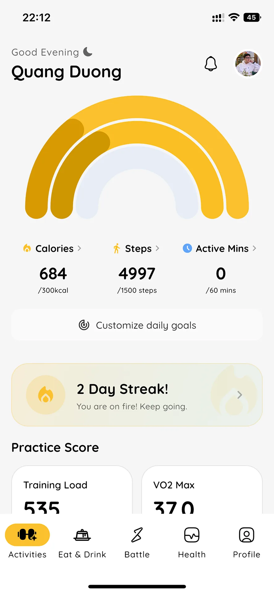 Activities dashboard screen